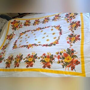 Vintage Table Cloth Mushrooms Flowers Orange Yellow Green